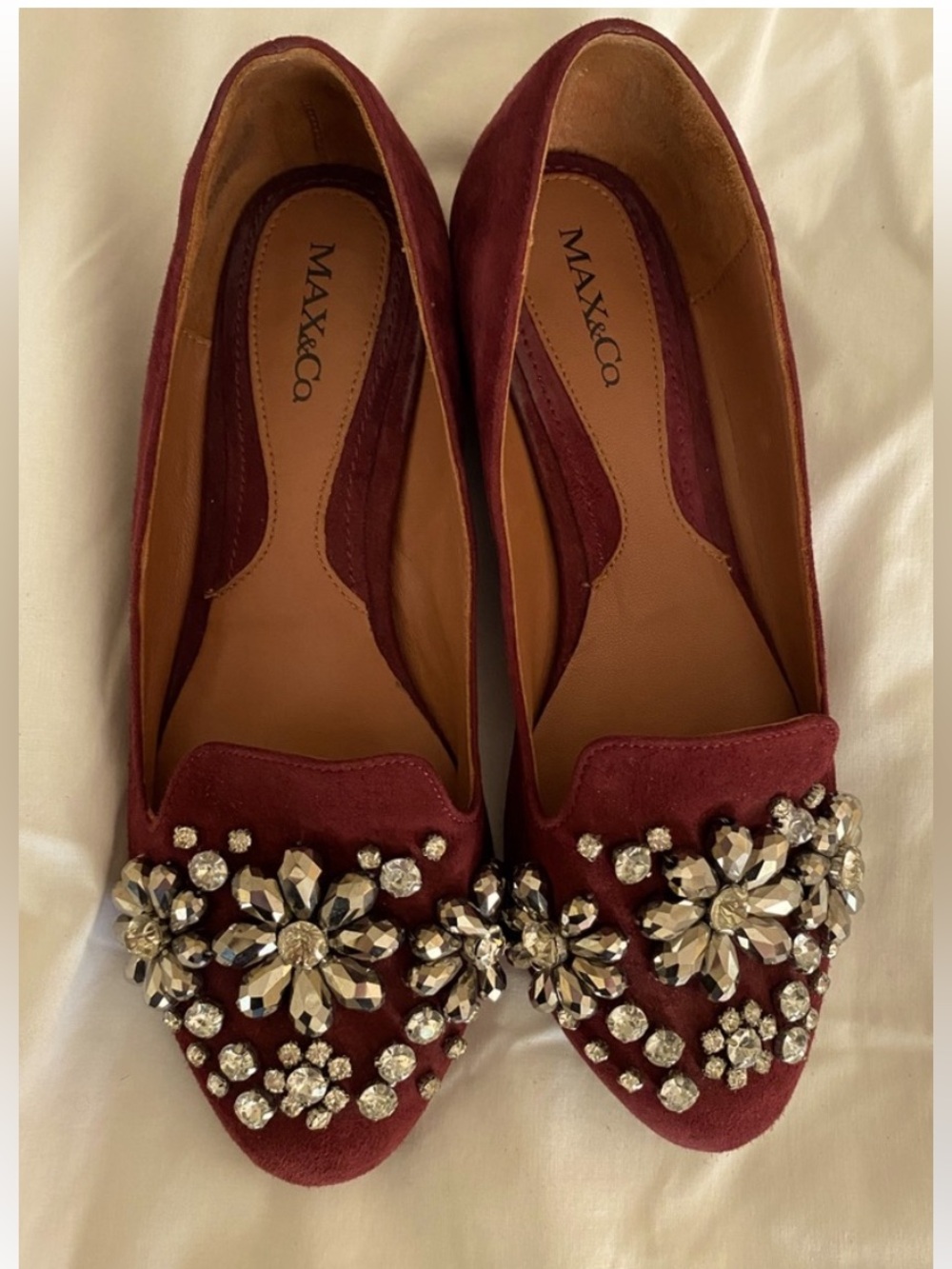 Max Mara MAX&Co. Burgundy Suede Ballet Flat W/Floral Rhinestone Embellishment 6